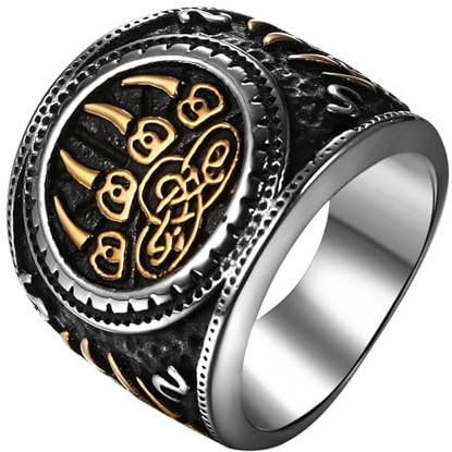 JewelryWe Wikinger Ring Herren Vintage Edelstahl Herren-Ring Nordisch Bärenklaue Thors Hammer Siegelringe Fingerringe Bandringe Punk Rock Biker Amulett Schmuck Geschenk