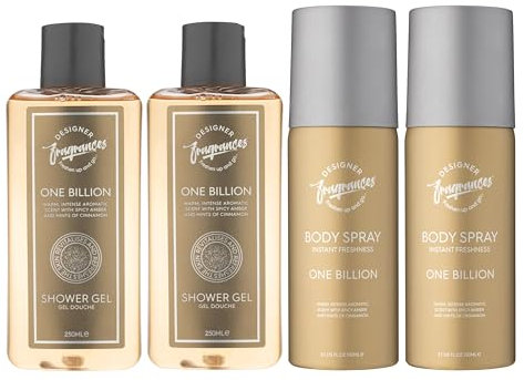 Designer Fragrances Un milliard d'hommes – Chaque paquet comprend 2 bombes de déodorants en spray pour le corps de 150 ml – 2 gels douche de 250 ml – pour une fraîcheur instantanée – Odeur longue