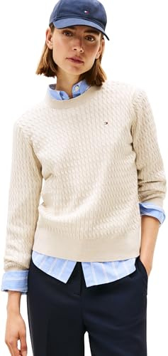 Tommy Hilfiger Donna Pullover Cable Fine Maglia a Trecce, Beige (Htr Oatmeal GS Tipping), XS
