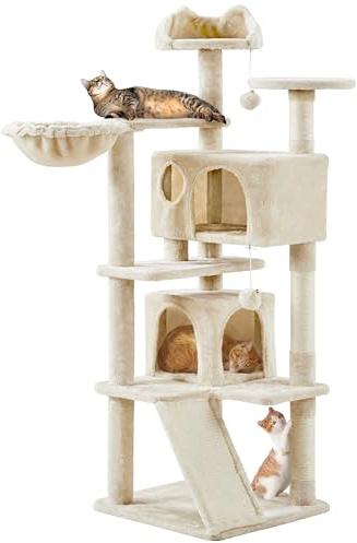 Yaheetech Árbol para Gatos 146 cm Rascador para Gatos con Escondites Cesta Torre de Escalada Gato Medinos Castillo Juego de Mascota Beige