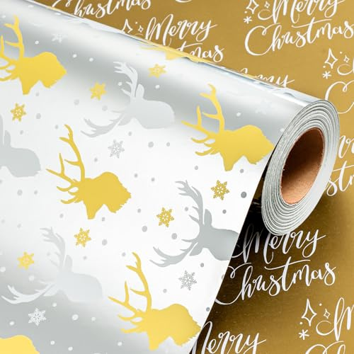 Wikadlik Rosa Weihnachts-Geschenkpapier - 43cm x 10m Luxuriöses Metallisches Rentier Frohe Weihnachten Schrift Geschenkpapier für Feiertage DIY Basteln Dekoration