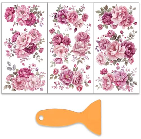 OLYCRAFT 3 Stück/Set Rosa Violette Blumen Transferfolien Zum Aufreiben Für Möbel Und Kunsthandwerk 15x30cm Große Pfingstrosen Möbelaufkleber Transferaufkleber Zum Aufreiben Mit 1 Teiligem Schaber