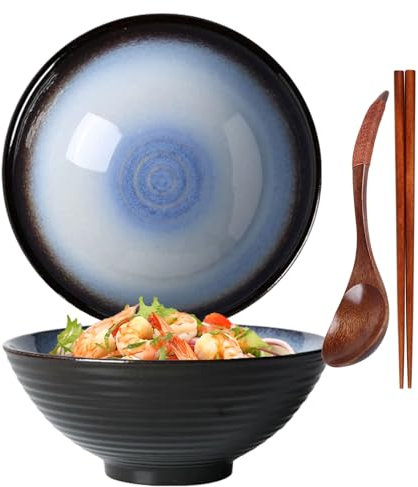 Bol à Ramen Japonais en Céramique avec Cuillère et Baguettes - Bol à Soupe 1200 ml pour Céréales et Salade