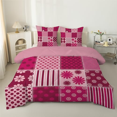 Rotes Patchwork Bettdecke 135x200 4 Jahreszeiten, Wende Steppdecke 135x200, Warme Ganzjahresdecke Karomuster Blumenmuster Bettdecke ohne Bezug Waschbar Schlafdecke mit 2 Kissenbezug 80x80cm