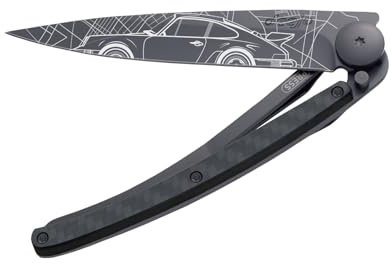 deejo – Klappbares Taschenmesser 27 g mit Gürtelclip – Griff aus Kohlefaser, Klinge aus Edelstahl Z40C13 – Motiv Young Timer – Tischmesser, Wandern, Camping, Biwak