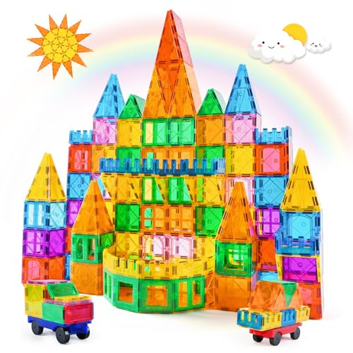 Katiago Costruzioni Magnetiche, 100 Pezzi Blocchi Magnetici per Bambini da 3 4 5 6 anni, Forti Costruzione Magnetica con 2 Macchinine Regalo perfetto per ragazzi e ragazze di 3 4 5 6 7 8 anni