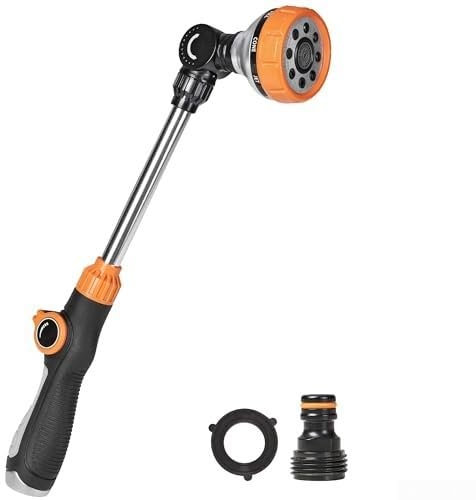 Lancia per irrigazione in metallo, resistente, testa regolabile a 180°, girevole, lunga bacchetta per tubo da giardino con 9 modalità di spruzzo, per cesti e arbusti da appendere all'acqua