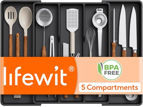 Lifewit Organizador de Cajones de Utensilios, Organizador Cubiertos Expandible para Cocina, Soporte de Cubiertos Ajustable para Cajon, Profundidad de 47 cm, Ampliable a 64 cm, Lote 1, Negro