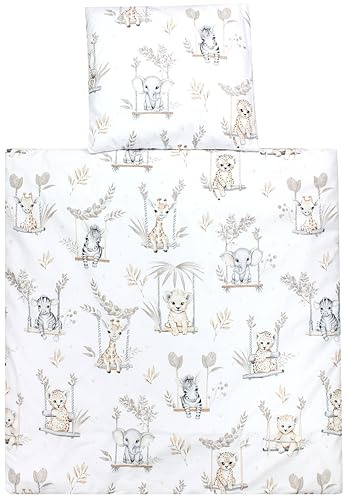 TupTam Wiegenset, Safari auf der Schaukel Beige, 80x80 cm | Baby 4-teilig Unisex Bettwäsche-Set: Bettdecke und Kopfkissen mit Bezug