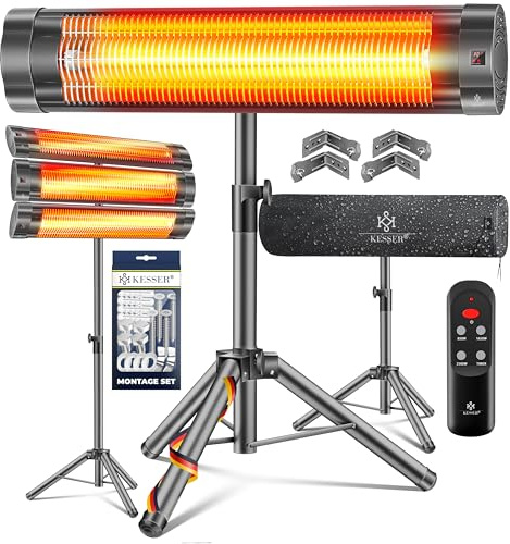 KESSER Stufa a infrarossi per terrazze, 2500 W, con telecomando, con custodia protettiva, supporto telescopico regolabile in altezza, fasciatoio, riscaldatore al quarzo a infrarossi