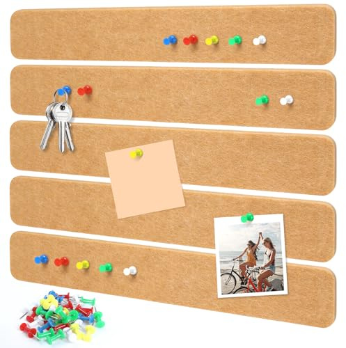 SDLDEER Cork Board Alternative Felt Strip Board 5-Pack 33x5 cm, Office Pin Board with 35 Push Pins, Self Adhesive Install for Bedroom Door, Notes, Photos, Schedules, Office Home Wall Decorative