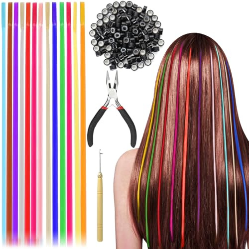 150 Pezzi Extension Capelli Colorati, Mèche Cheveux Couleur, Plume Cheveux Enfant Party Highlights Posticci Sintetici Estensioni 50cm, Ciocche per Bambini Donna Halloween Natale Cosplay Party