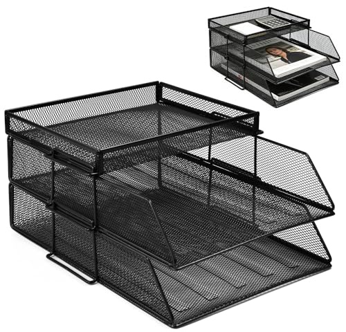 Vunanvu Bandeja Organizador Documentos de 2 Niveles, Bandeja Malla Metalica, Organizador de Archivos de Escritorio, Clasificador de Papeles A4, Correo, Cartas y Carpetas, Bandejas Apilables Oficina