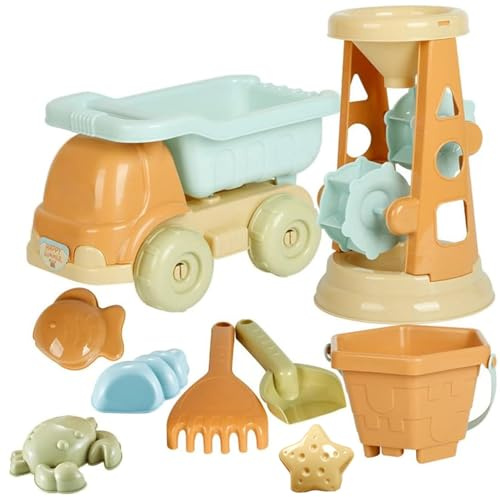 Ngbbby 9PCS/Set Kids Beach Toys, Plastic Sand Toys Includes Truck Molds Buckets Shovels Rakes, Sandbox