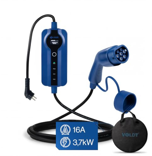 VOLDT Typ 2 Ladekabel Schuko 3,7 kW, 1-phasig, 8A - 16A, verstellbare EV-Ladegerät mit steuerbarer Digitalanzeige für Elektroauto, Ladekabel für Elektrofahrzeuge, IP69 wasserdich (Length 20)