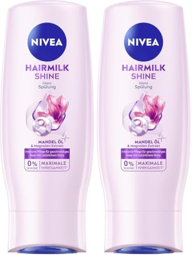 NIVEA Hairmilk Shine Glanz Spülung (200 ml), Haarspülung für glanzloses Haar, Conditioner für trockenes Haar mit Mandelöl und natürlichem Magnolien-Extrakt (Packung mit 2)
