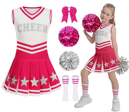 yolsun Cheerleader Costume for Girls Cheerleading Uniforms Halloween High School Party Star Cheer Leader Outfit (Rosy, 6-7 Years)