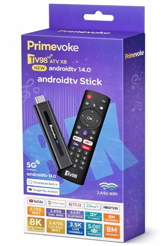 Primevoke TV98 Android TV Stick, 8K Ultra HD, 5G WiFi, Android TV 14.0, ATV Processor
