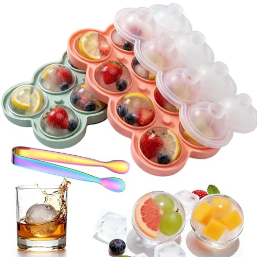 2 Pcs Eiswürfelform Kugel Silikon Groß - 5.5cm Ice Cube mit Deckel und Eiszange, Eiswürfelform 8 Rund Kugelförmige Ice Cube, BPA-Frei Faltbar Auslaufsicher für Bier Saft Cocktails Whisky Grün und Rosa