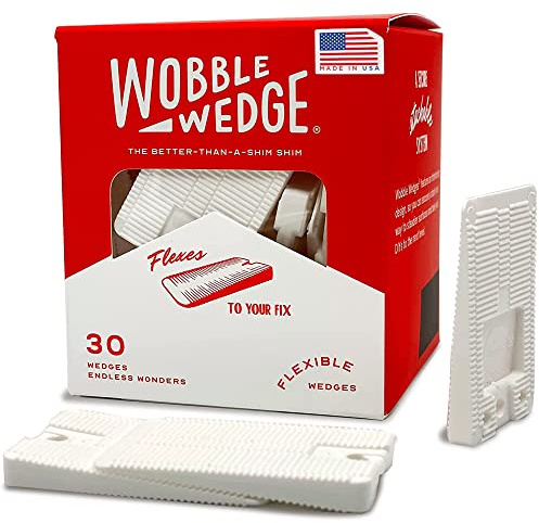 The Original Wobble Wedge Flexible Plastic Shims, Multi-Purpose Leveling Shim for Home Improvement, Furniture & Toilet Leveler, White Plastic Wedges for Tables, Wood Floors & Tile, Made in USA, 30Pack