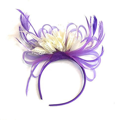 Caprilite Purple and Cream Feather Hair Fascinator Headband Wedding and Royal Ascot Races Ladies