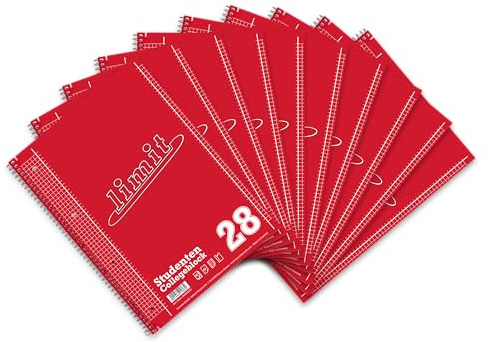 Limit Collegeblock A4 kariert, mit Doppelrand, 160 Seiten, rot, 10 Stück - ideal für Studenten, Schüler und Büro