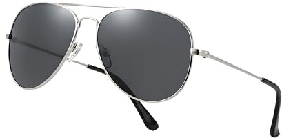 Komonee Pilot Style Designer Sunglasses - Silver Frame Black Lens Classic Retro Shades, Unisex Men & Women UV400 Protection Glasses, Great for Cycling Golf Fishing Sports & Holidays