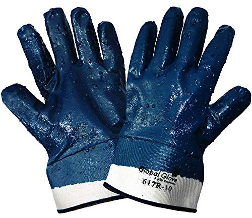 Global Glove 617R Fully Nitrile Dipped on 2 Piece Jersey Liner Glove with Safety Cuff, Chemical Resistent, Extra Large, Rough, Light Blue (Case of 72)