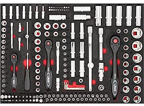 VIGOR Steckschlüssel Werkzeug-Satz, V4188, 1/4″, 3/8″, 1/2″, 1/4″, E Profil | Länge 563 mm, Breite 393 mm, Höhe 35 mm, 7146 g, 2K Weichschaumeinlage, Einlagenmaß / Schubladengröße: L (563 x 393 x 35 mm)