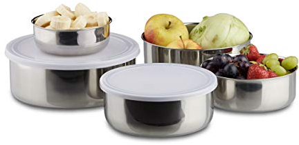 Relaxdays Ciotole set da 5 pz acciaio inox coperchio di plastica da cucina accessori campeggio 5 diverse misure argento