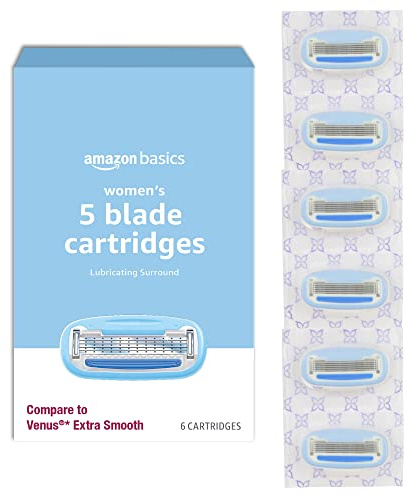 Amazon Basics 5-Blade Razor Refills for Women with Comfort-Coated Blades, Moisture Lubrication, Hypoallergenic, 6 Count (Fits Amazon Basics Razor Handles Only) (Previously Solimo)