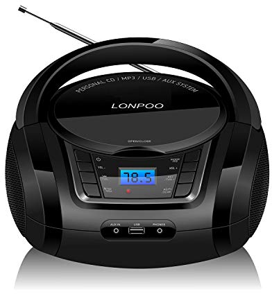 Lecteur CD Portable Radio FM Noir, Lecteur MP3 CD Enfant, Audio Domestique Portable avec Bluetooth, USB Entrée, 3.5 mm AUX Entrée, Prise Casque