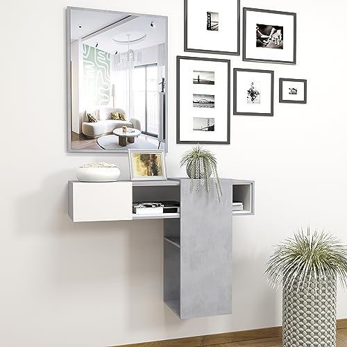 BRICOZONE Mobile Sospeso Scorrevole Da Ingresso Con Specchio Moderno Contemporaneo Salvaspazio Innovativo Funzionale Pensili Pannelli Legno Rettangolare Parete 100 x 31.5 x 75 cm Bianco Grigio Cemento
