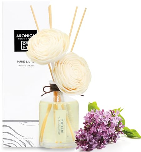 Aronica Twin Sola Diffuser - Pure Lilac Fragrance, 160ml / 5.41 Floz, Lilac Scented Products, Flower Decor, Aesthetic Spring Reed Diffuser for Home