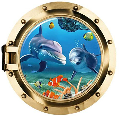 2 Stück 3D Wandaufkleber Wandtattoo Wandsticker Bullauge Delphin und Schildkröten Unterwasser Welt Fenster Schlafzimmer Kinderzimmer Deko (A)