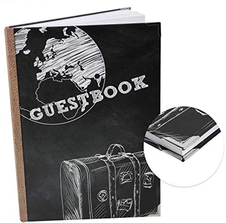 Logbuch-Verlag libro degli ospiti Guestbook vuoto nero bianco marrone formato A4 copertina rigida 164 pagine vuote con angoli metallici protezione lavagna gesso vintage hotel pensione