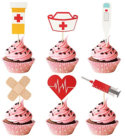 24 Pcs Nursing Cupcake Toppers Nurse Graduation Cupcake Picks for Nurse Medical Rn Themed Graduation Birthday Party Cake Decorations Photo Prop