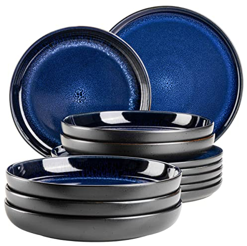 MÄSER 931972, Serie Niara, Modernes Teller Set für 6 Personen in aufregendem Vintage Look, 12-teiliges Tafelservice aus Keramik in Blau und Schwarz, Steinzeug