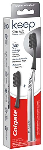 Colgate Keep Slim Soft Charcoal Bristles Starter Pack | Replaceable 2X Brush Head | Reusable Metal Handle