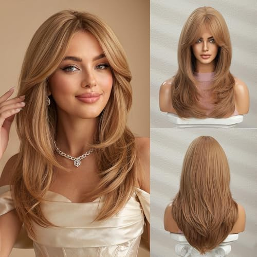 Esmee Lange Gerade Erdbeere Blonde Perücken für Frauen Natürliche Synthetische Haare Geschichtete Perücke mit Fransen für Tägliche Party Cosplay Use-20 Inches