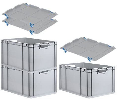 PROREGAL SuperSparSet 3x Eurobox NextGen Grip mit Auflagedeckel & 4 blauen Schiebeschnappverschlüssen, HxBxT 32x40x60cm, 65 L, Grau, Griffe offen, Eurobehälter, Transportbox