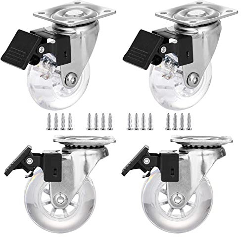 50 mm Caster Wheels Set of 4, Heavy Duty Casters with Brake, Crystal Clear Swivel Plate Castors, No Noise Locking Casters with Transparent Polyurethane (PU) Wheels