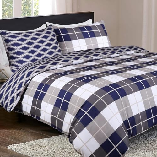 Imperial Rooms King Size Duvet Cover Sets Soft Printed Bedding Set Brushed Microfiber Duvet Covers with Pillowcases (Navy Check 230x220 CM)