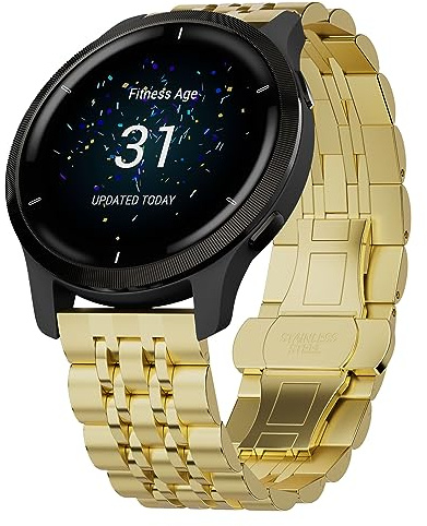 Hiseus Armbandet Kompatibelt med Vivoactive 4 Armband, 22mm Ersättningsarmband Kompatibelt med Venu 2 / Forerunner 255 / Forerunner 255 Music 46mm Metallarmband (Guld)