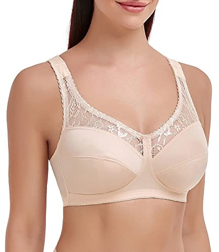 Ayigedu UK Plus Size Minimiser Full Coverage Bra Women Non-Wired Non-Padded Soft Cup Bra 38-F Beige