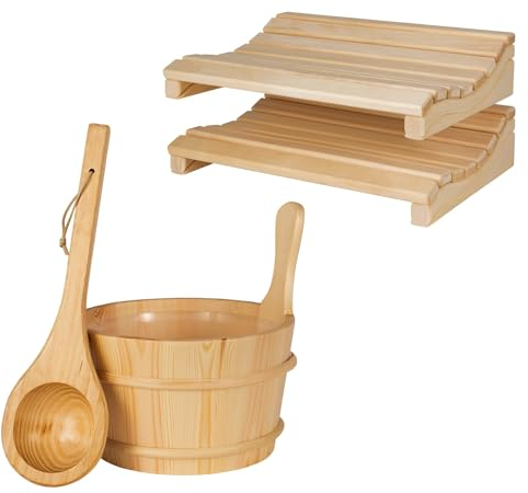 SUNNYDEALS klassisches Saunazubehörset | Saunaset 4-teilig aus naturbelassenem Holz | Saunaeimer & Kunststoffeinsatz 4l | Saunakelle | 2X ergonomische Sauna Kopfstütze