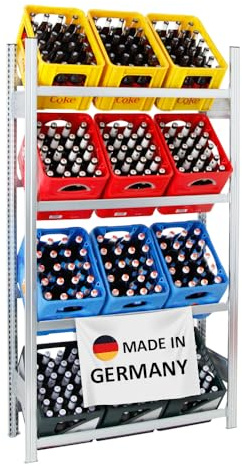 PROREGAL Getränkekistenregal Magnus Made in Germany | HxBxT 185x106x34cm | 12 Kisten auf 4 Ebenen | Verzinkt | Freistehendes Kistenregal Kastenregal Getränkekregal Kistenständer