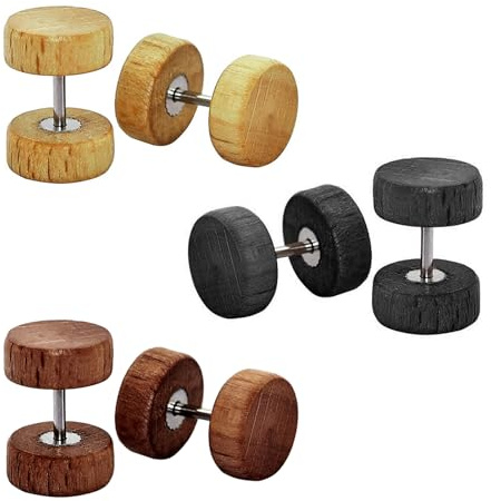 SwirlColor Orecchini in Legno - Set 3 Paia Rotondi Perforati con Aghi In Acciaio Inossidabile Finti Plug per Uomini e Ragazzi 10mm