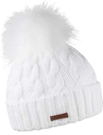 SABBOT Bonnet classique pour femme avec pompon en fourrure - Doublure polaire - Bonnet d'hiver tricoté - Bonnet chaud avec col, Blanc., Einheitsgröße-L