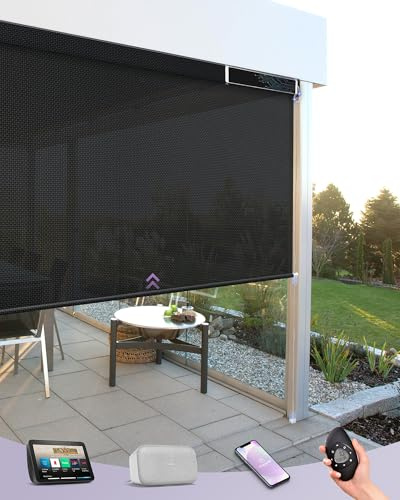 Graywind Customized Smart Outdoor Blinds Compatible Alexa Google, Waterproof Motorised Outdoor Shades with Remote, Exterior Window Solar Powered Outside Electric Blinds for Patio, 5% Black